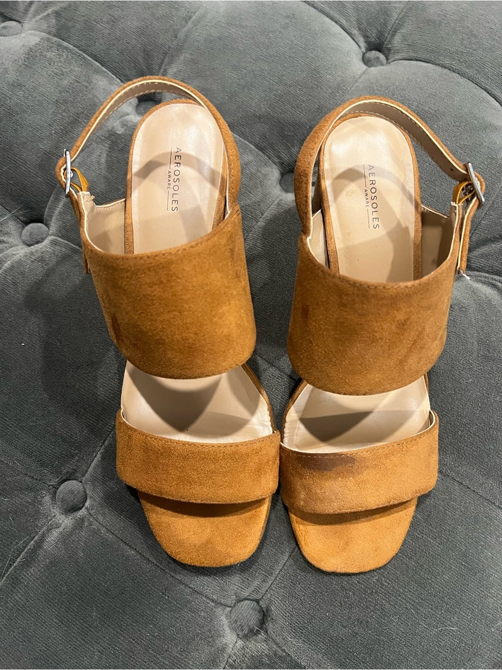 AEROSOLES Women's Cognac Suede Block Heel Sandals